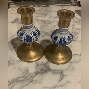 Delft-style Blue and White Ceramic and Brass Candle Stick Holders